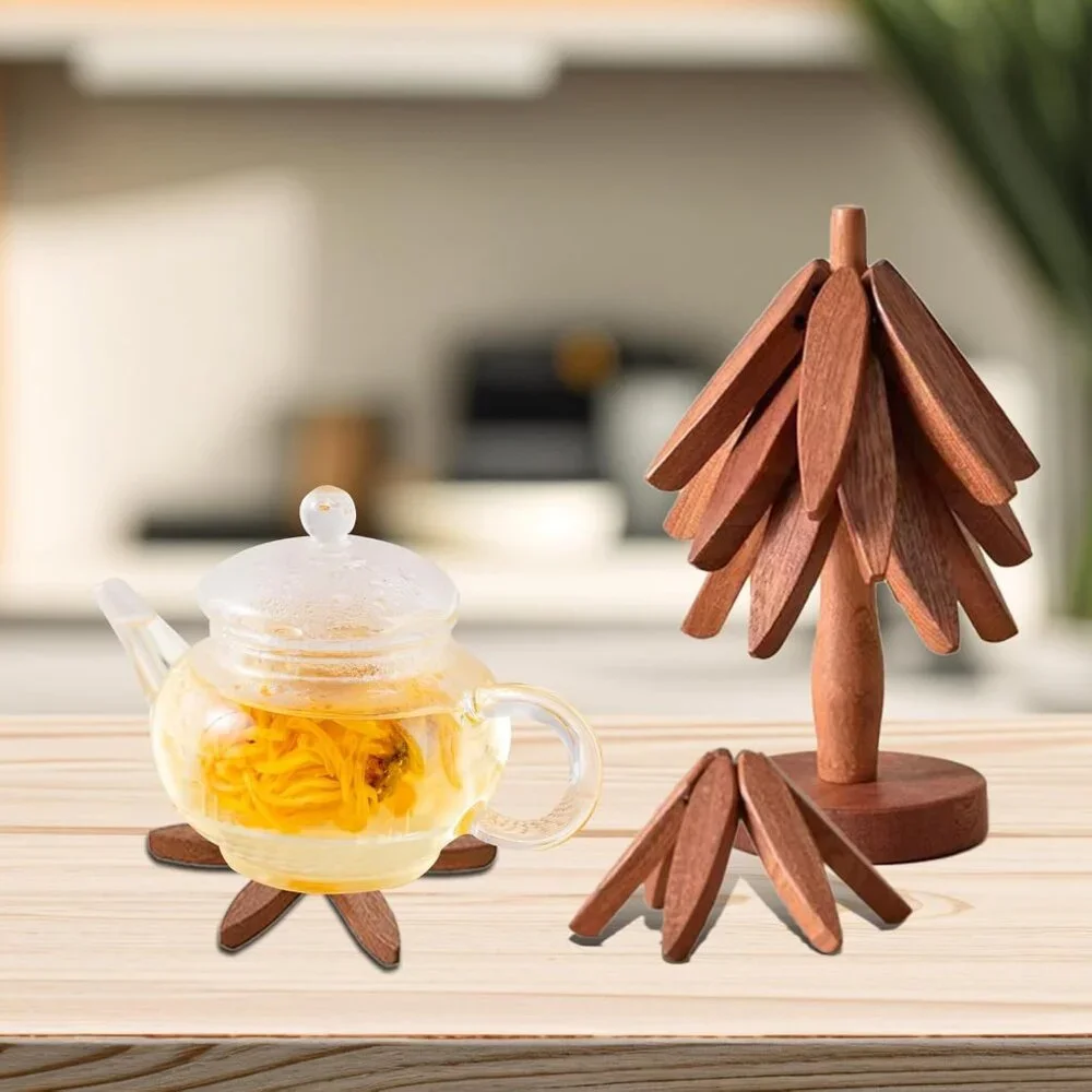 Wooden Trivets for Hot Dishes-Tree Shape Trivet Set, 4 Walnut Wood + 1 Stand sto